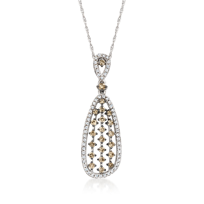 14kt white gold diamond teardrop pendant necklace with brown and white stones