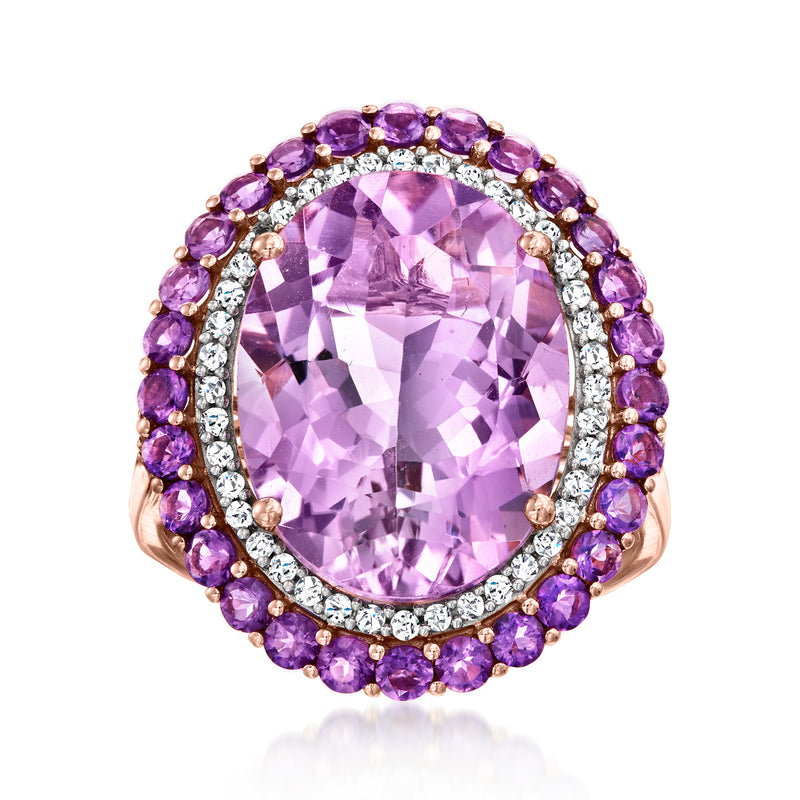 Amethyst and diamond halo ring in rose gold with oval amethyst center, purple stone halo