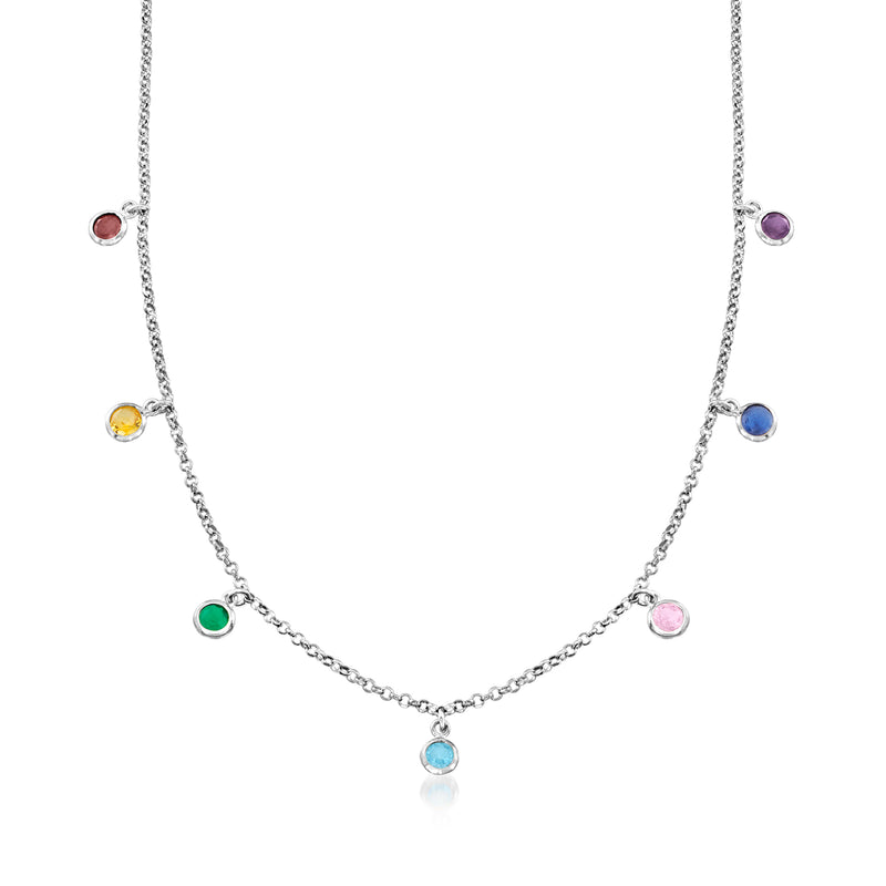 Sterling silver drop necklace with round multicolor simulated gemstones