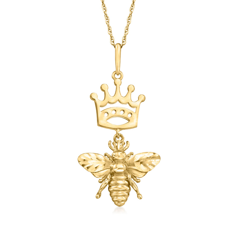 14kt yellow gold pendant necklace with queen bee and crown charm on chain