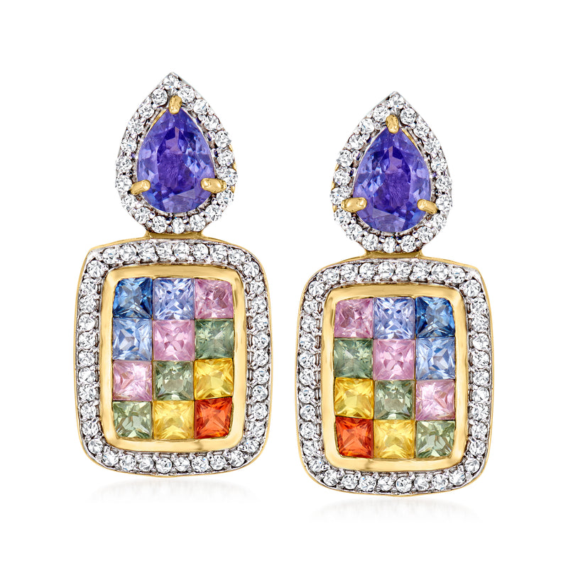 14kt yellow gold drop earrings with purple pear, multicolored square stones, diamond borders