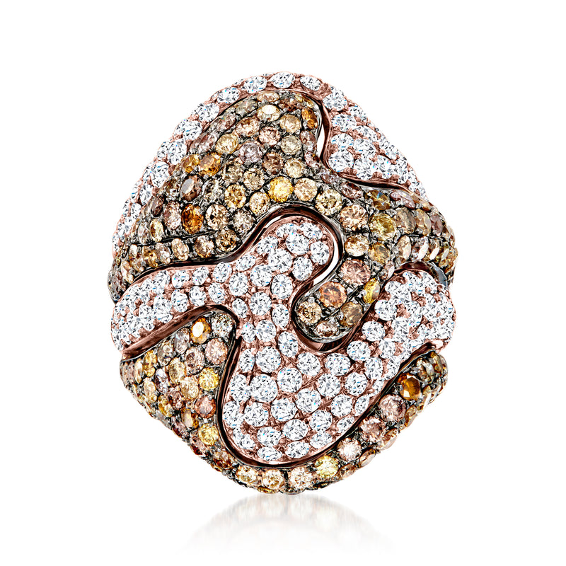 Multicolored diamond ring in rose gold with swirling pavé design