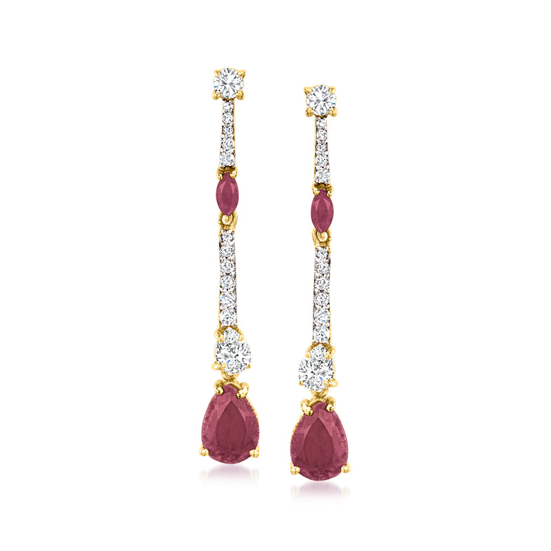 18kt gold drop earrings with ruby teardrop and white topaz-like stones, dangling