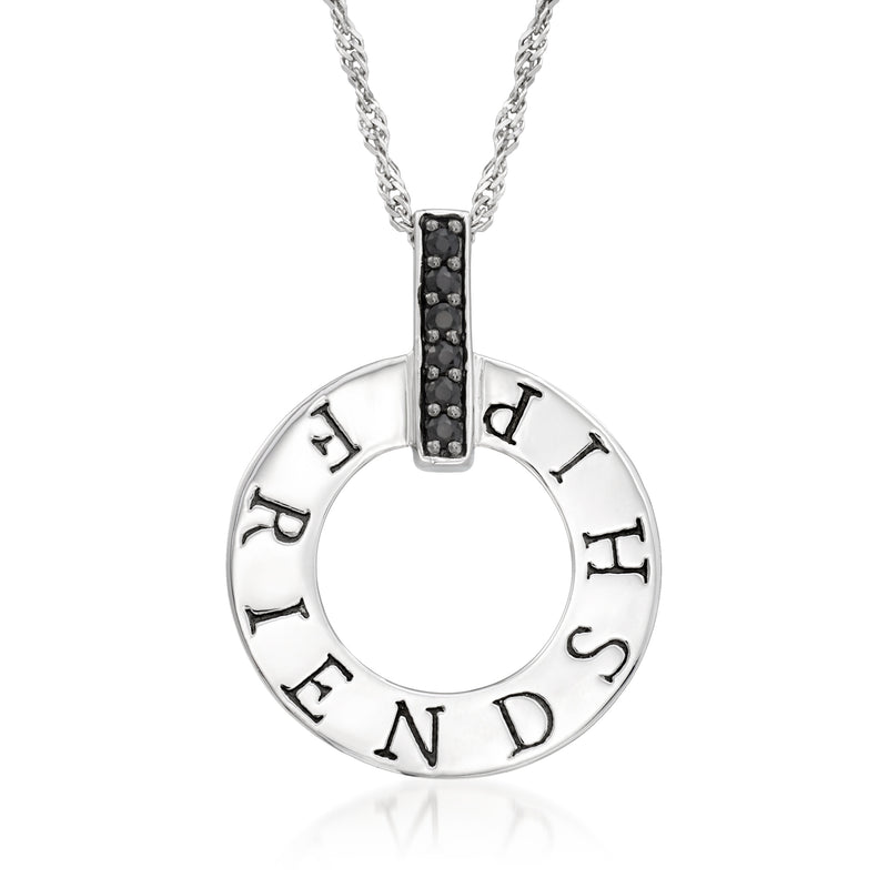 Sterling silver disc pendant necklace with round letter engraving and black-stone vertical bar