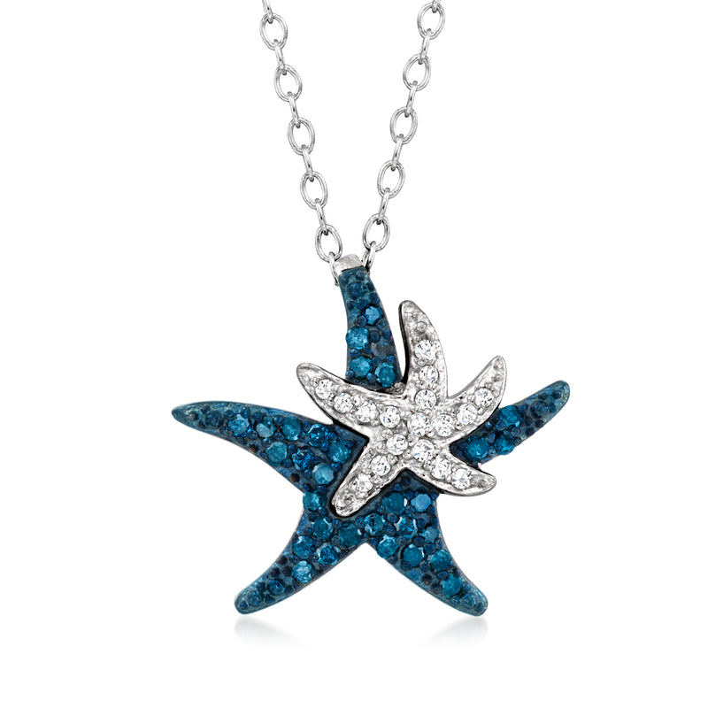 Sterling silver starfish pendant necklace with blue and white gemstone accents