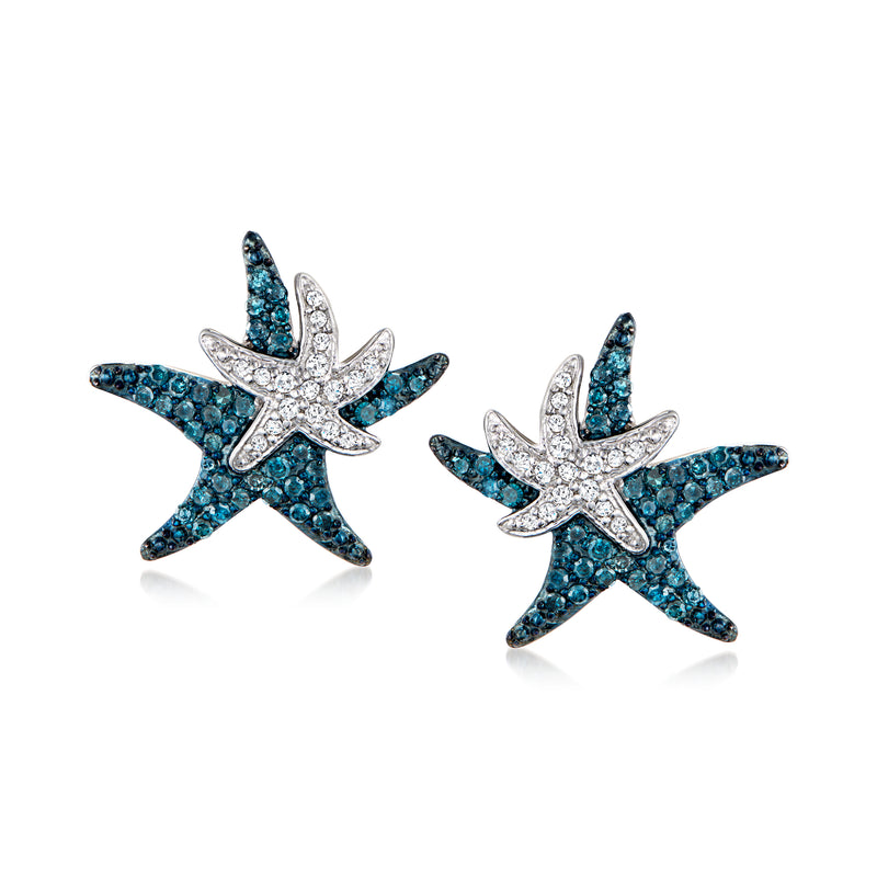 Sterling silver starfish stud earrings with blue and white diamond accents