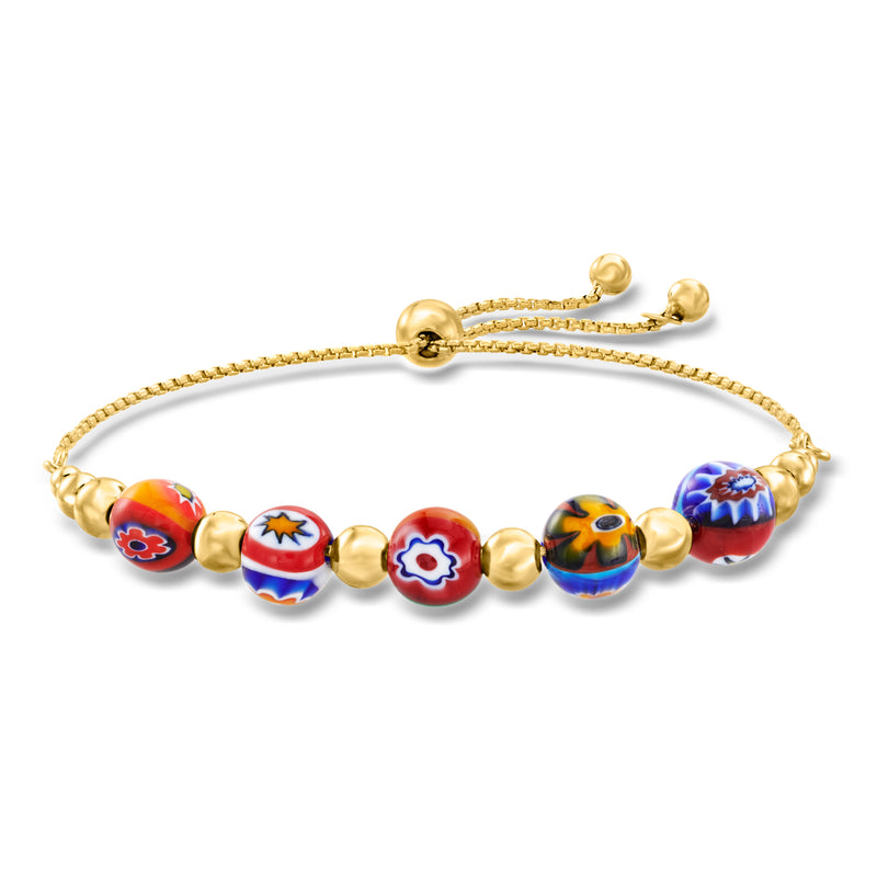 Gold bolo bracelet with multicolor floral Murano glass beads and adjustable slider