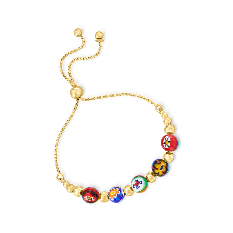 Gold bolo bracelet with multicolor floral glass beads and round gold end caps