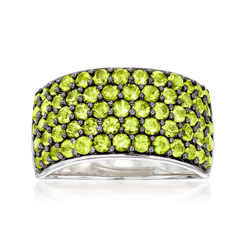Sterling silver multi-row peridot gemstone ring with bright green oval stones