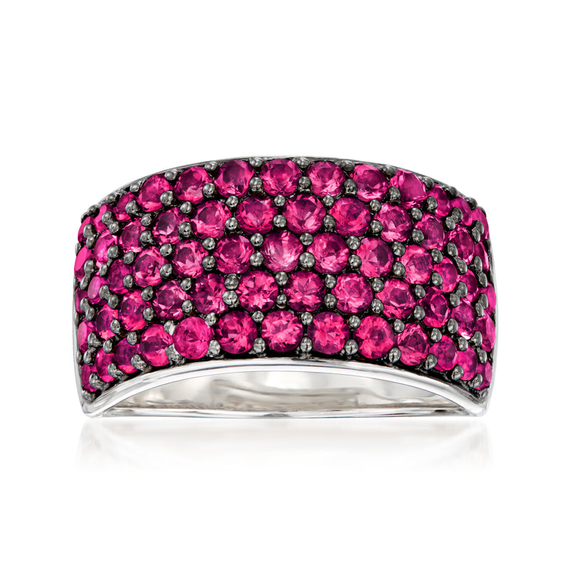 Sterling silver multi-row ring with round rhodolite garnet stones