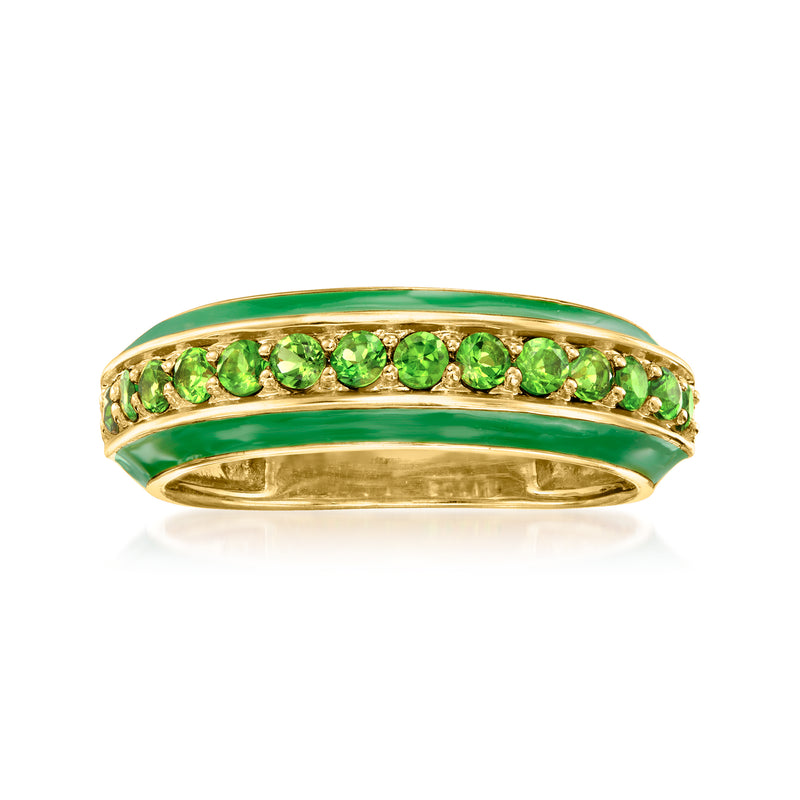 Gold ring with green enamel band and bezel-set green chrome diopside stones.