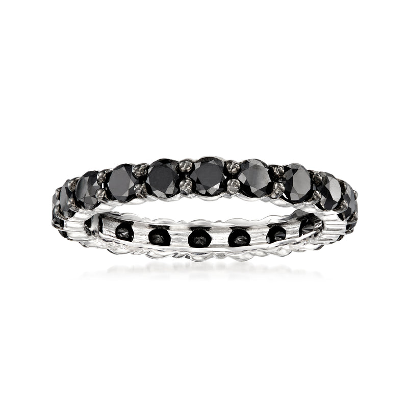 Black diamond eternity band ring in white metal, bezel-set black stones with polished edges