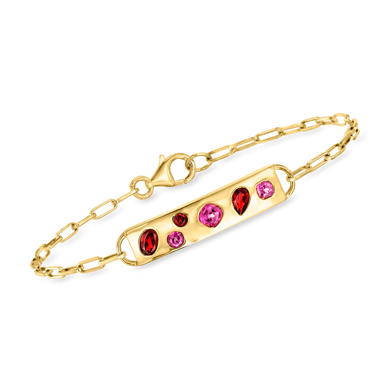 18kt gold over sterling ID bracelet with paperclip links and multi-color gemstone hearts