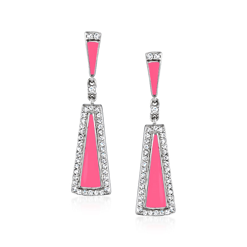Sterling silver triangular drop earrings with pink enamel center and diamond accents