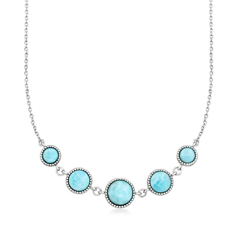 Sterling silver graduated necklace with five round Larimar cabochons in blue settings