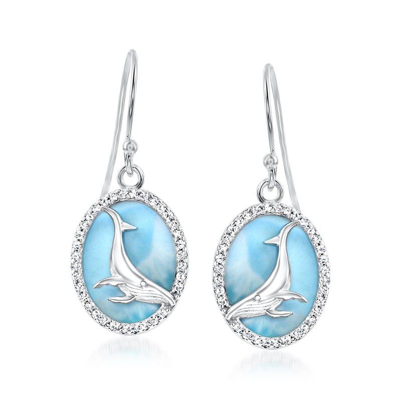 Sterling silver whale drop earrings with blue oval stone and CZ halo