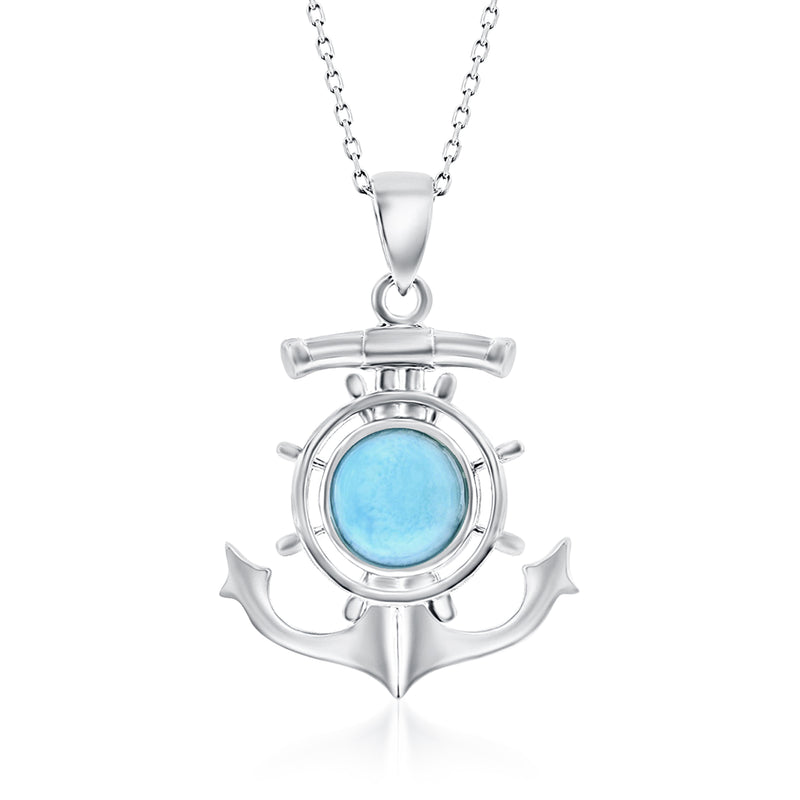 Sterling silver anchor pendant necklace with round light-blue larimar-style gemstone
