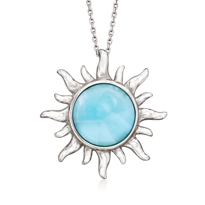 Sterling silver sun pendant necklace with light blue round gemstone