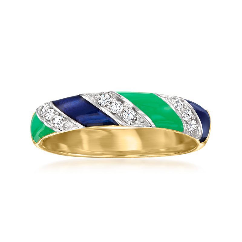 Multicolored enamel striped ring with blue and green panels, clear stone accents, gold-tone band