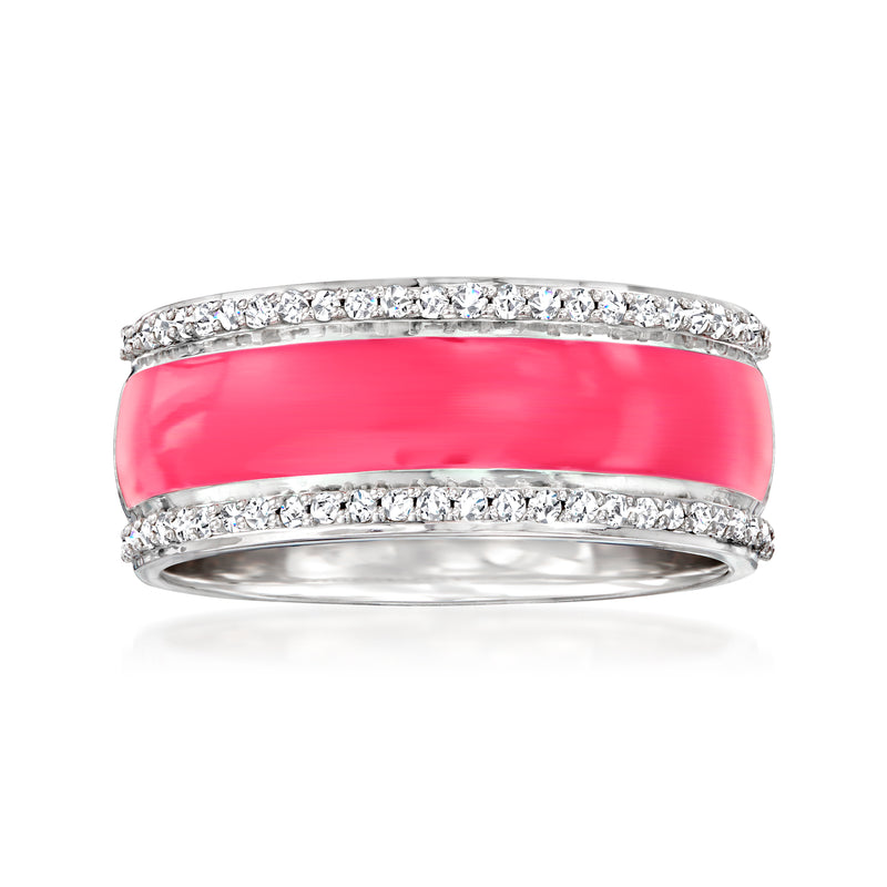 Sterling silver ring with pink enamel band and two rows of clear diamond accents