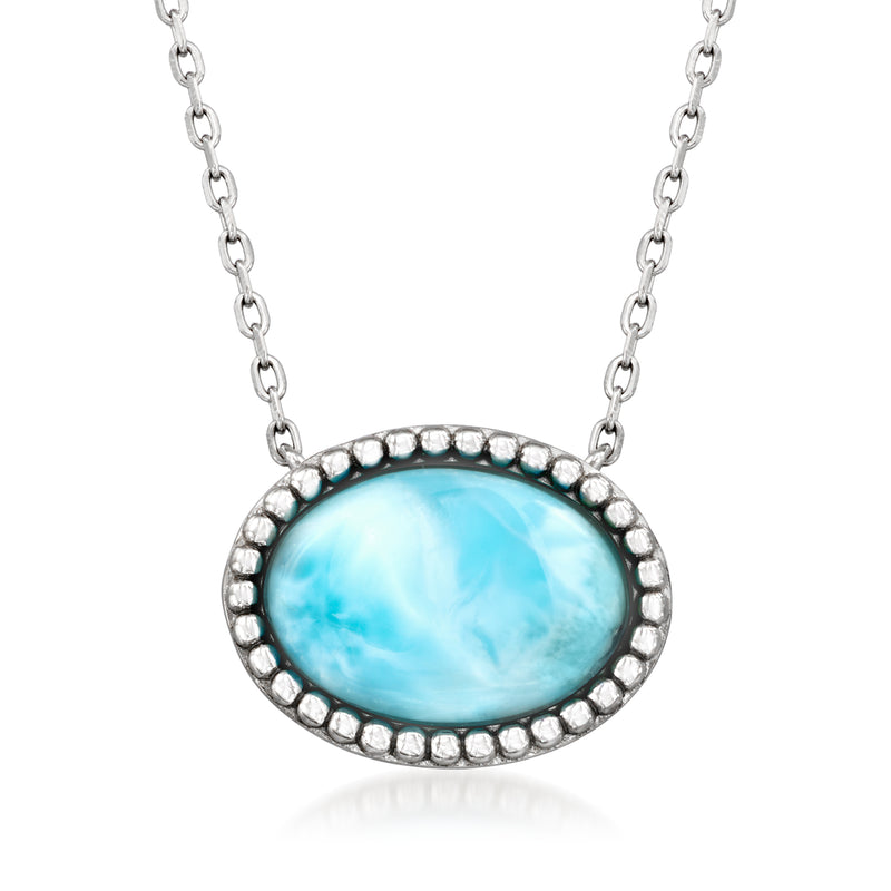 Larimar oval pendant necklace in sterling silver with round bezel and chain links