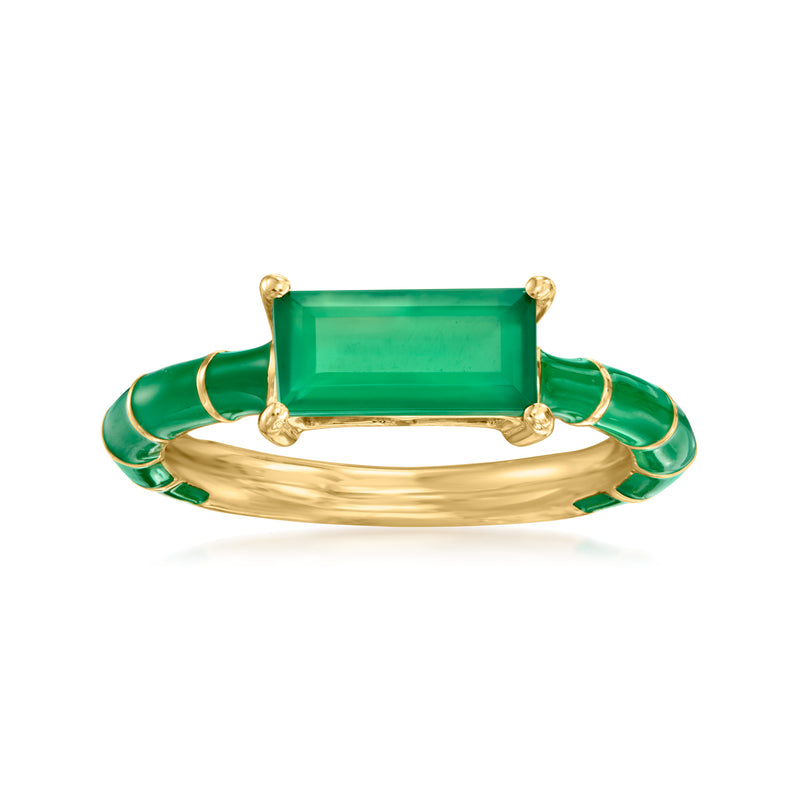 Green chalcedony and green enamel ring with rectangular stone in gold over sterling