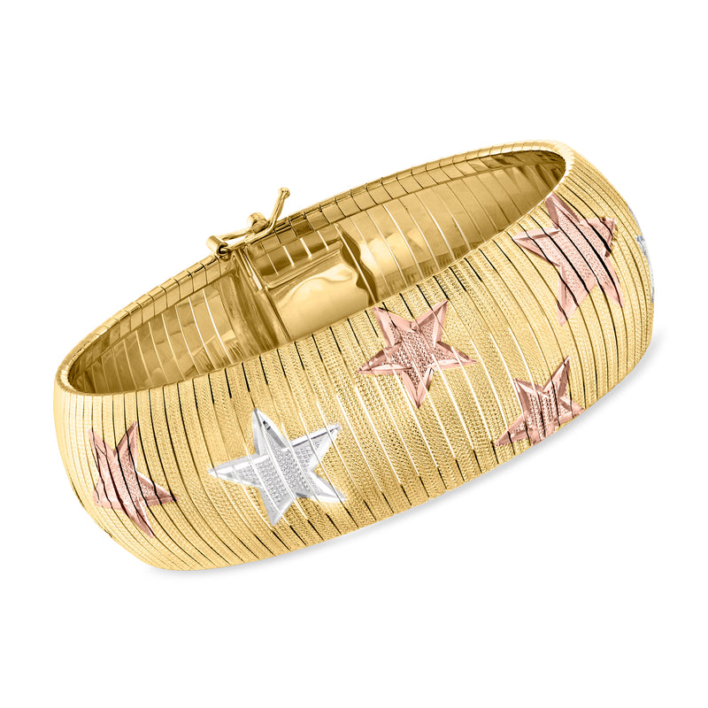 Tri-colored sterling silver omega star bracelet with gold, pink, and silver star motif.