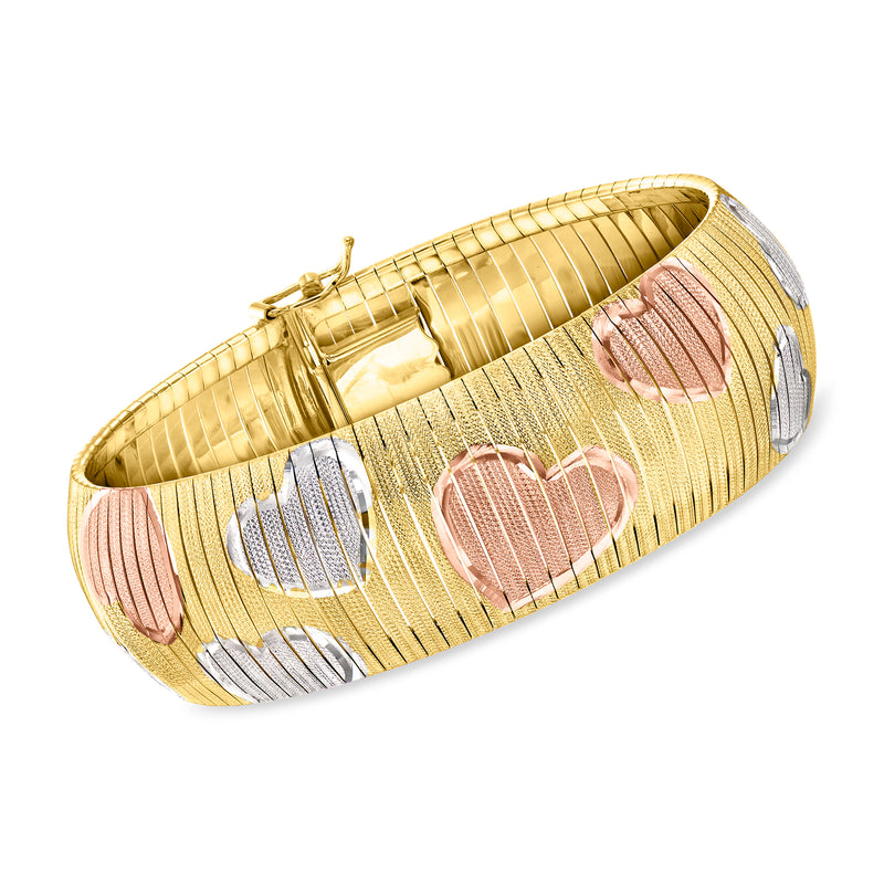 Tri-colored gold over sterling omega heart bracelet with ridged links and lobster clasp