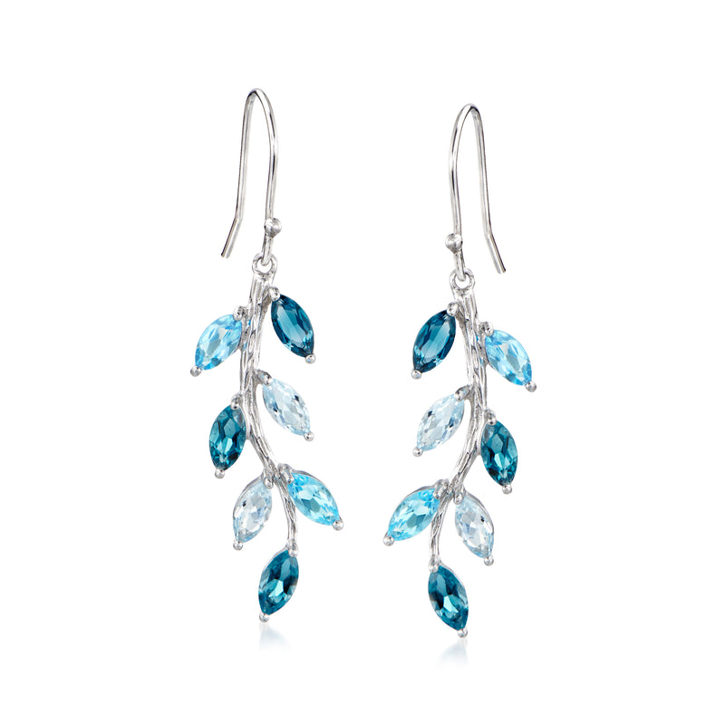 Sterling silver vine drop earrings with blue topaz teardrop stones, earwire hooks.