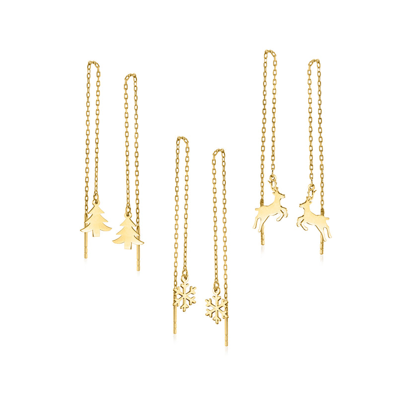 Gold-tone threader earrings set with dangling tree, snowflake, and reindeer charms
