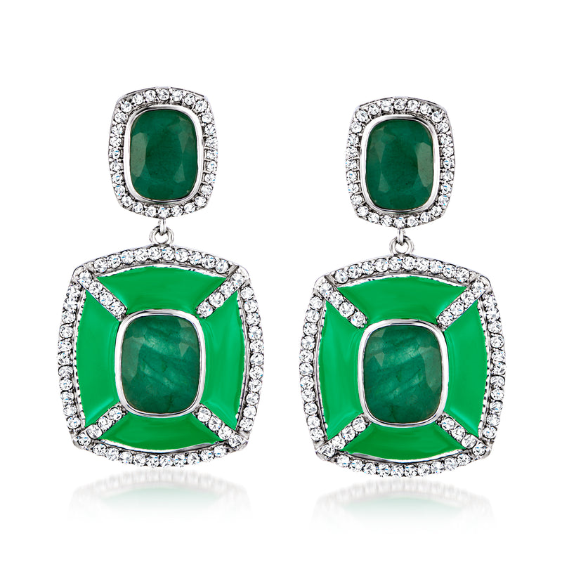 Sterling silver green enamel drop earrings with square emerald-green centers and white stones