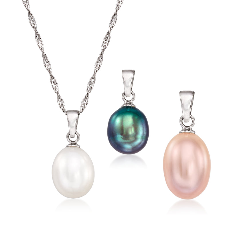 Sterling silver pearl pendant necklace with three pearls: white, blue-green, pink