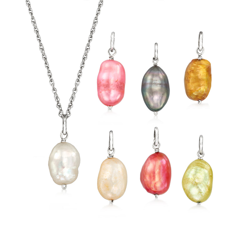 Sterling silver pearl jewelry set with oval multicolored pendant necklace and seven charms