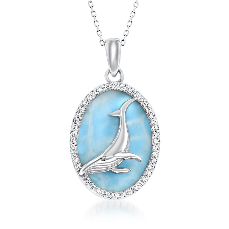 Sterling silver whale pendant necklace with oval blue stone and CZ halo
