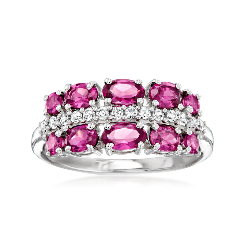 Sterling silver ring with pink oval rhodolite garnet and white zircon accents