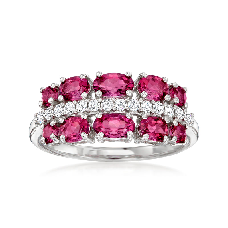 Sterling silver ring with oval pink topaz and white zircon accents