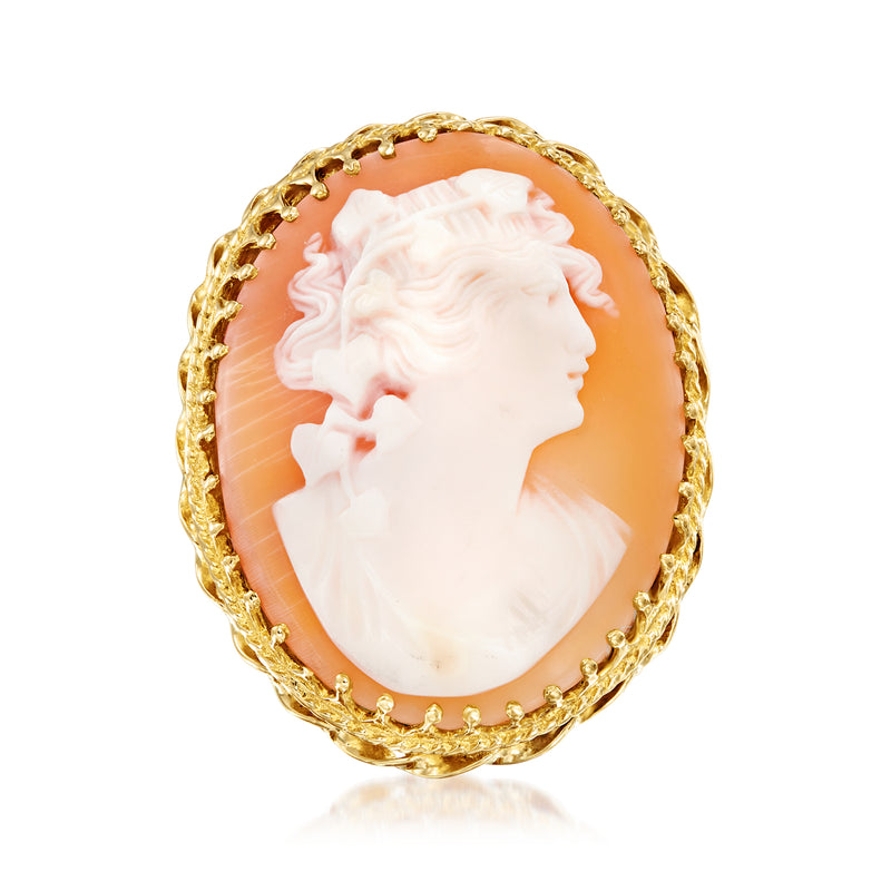Vintage oval cameo ring in 14kt yellow gold with orange shell portrait