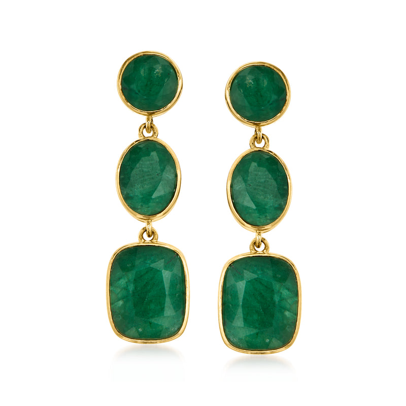 Gold-tone emerald drop earrings with three stacked green gemstones