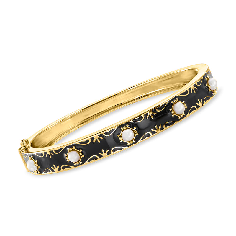 Gold bangle bracelet with black enamel and small white button pearls, open cuff