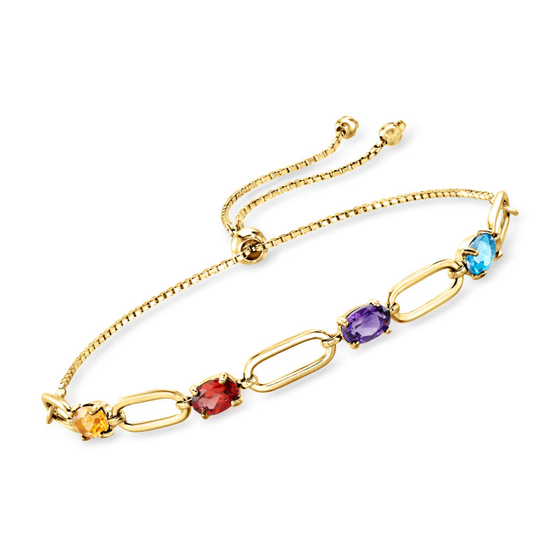 Gold over sterling bolo bracelet with multi-gem stones and paper-clip links