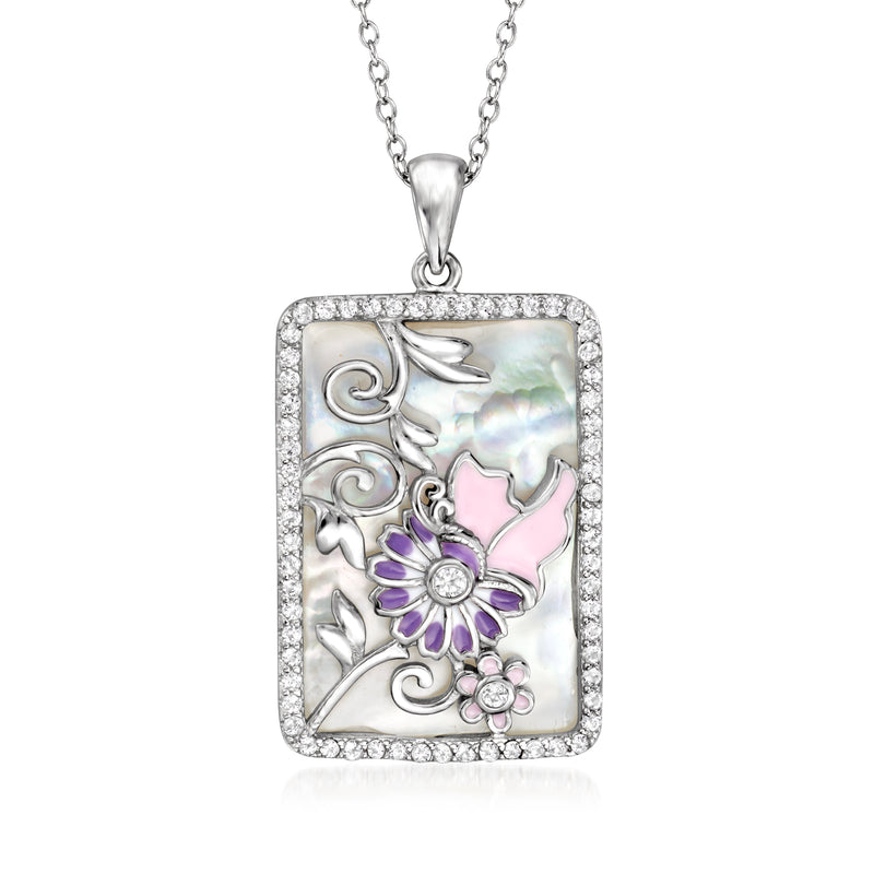 Sterling silver pendant necklace with square enamel floral design and clear gemstone border