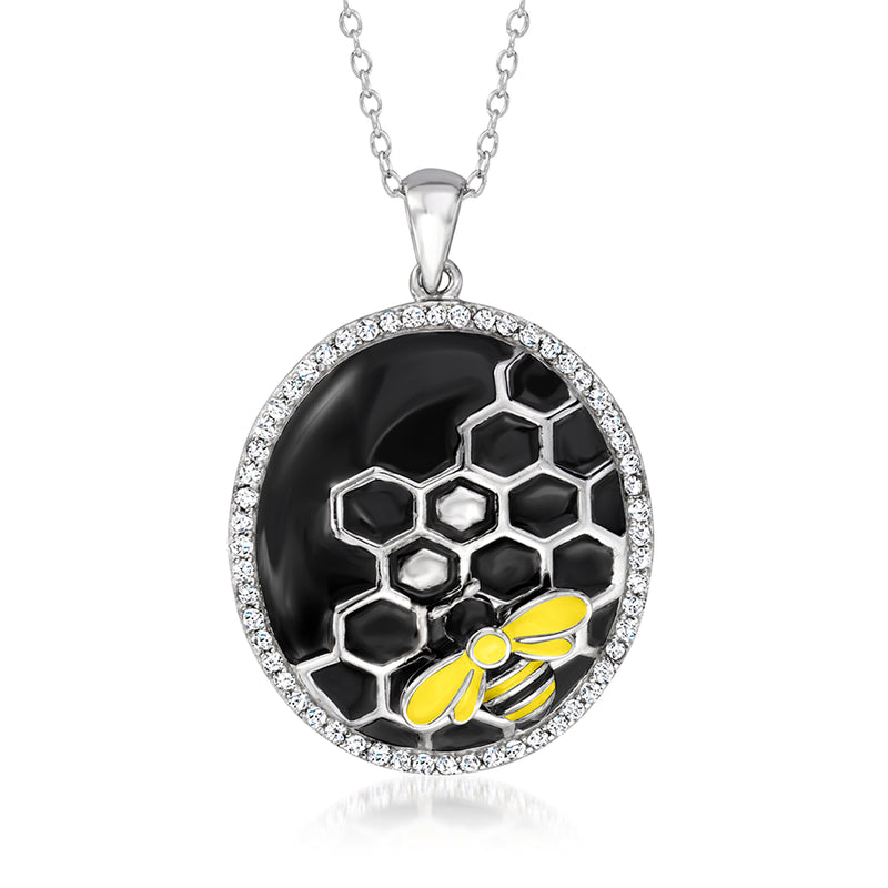 Sterling silver bumblebee pendant necklace with round black enamel honeycomb and white stones