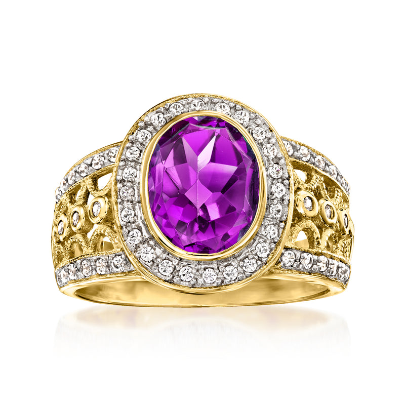 Amethyst ring with oval purple stone and white zircon halo in gold over sterling