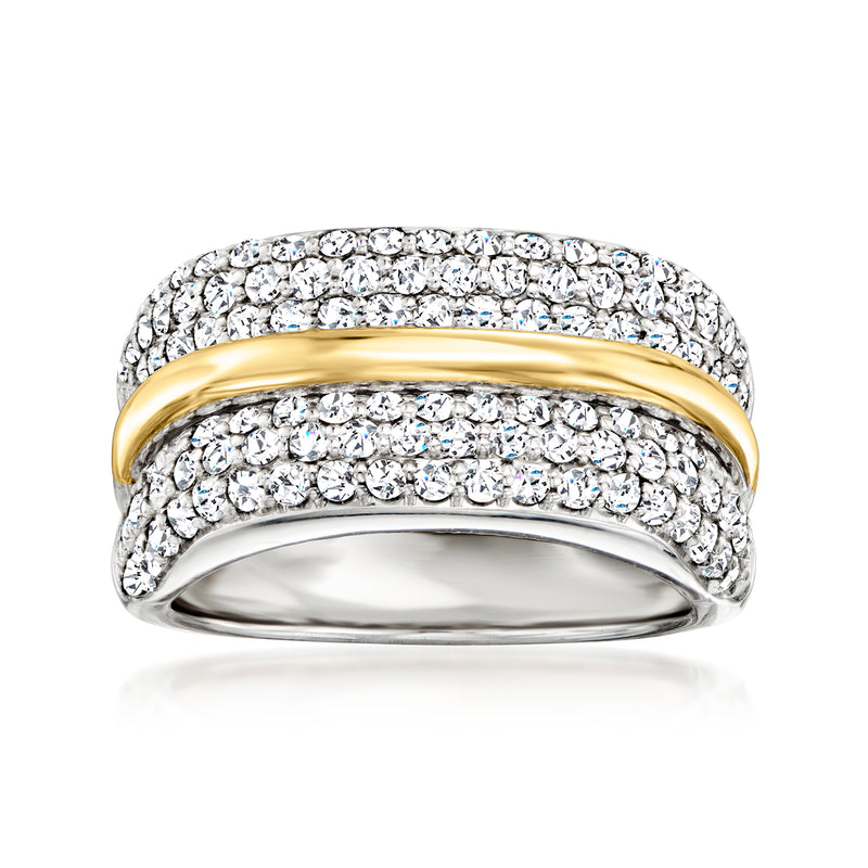 Sterling silver pave diamond ring with yellow gold center band and rounded profile