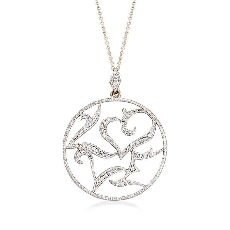 14kt white gold diamond pendant necklace with heart LOVE motif