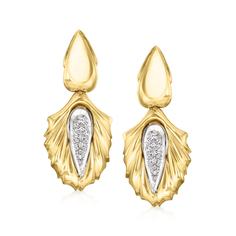 Two-tone gold pear-shaped drop earrings with teardrop diamond pave accents