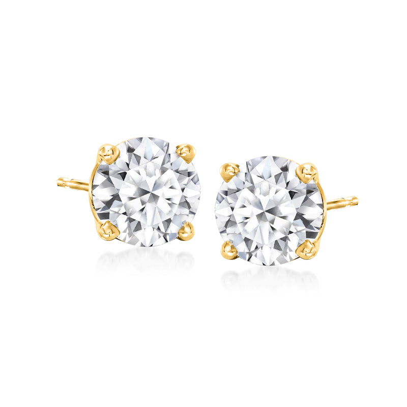 14kt yellow gold round diamond stud earrings, four-prong setting