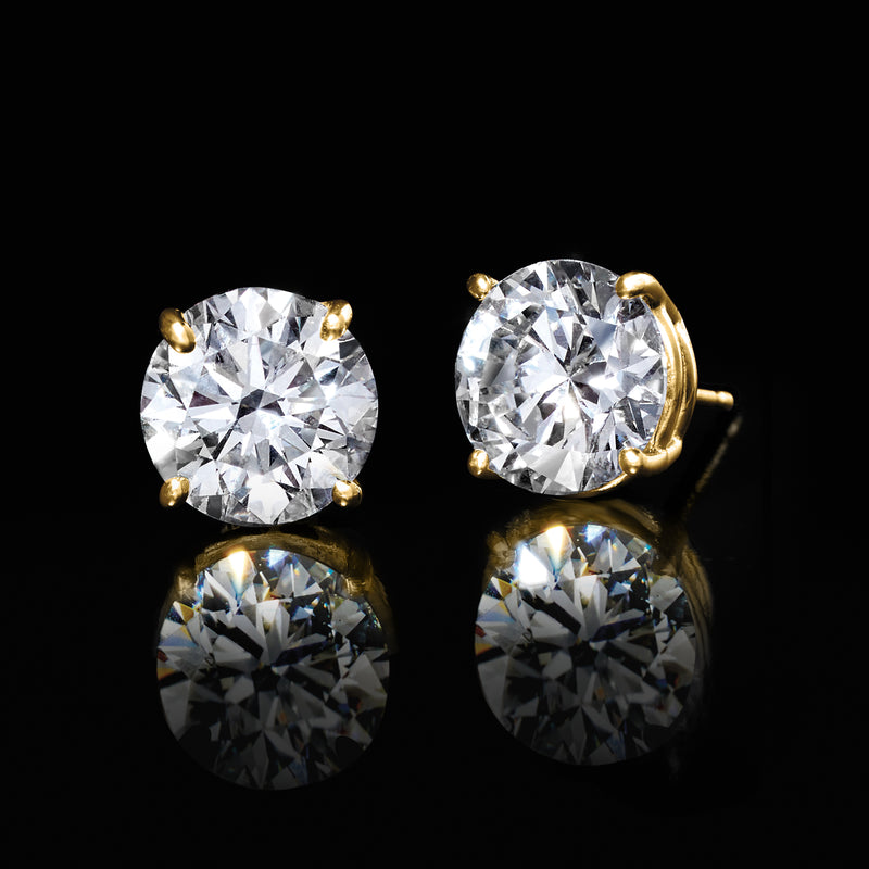 Round lab-grown diamond stud earrings in 14kt yellow gold, front view with posts