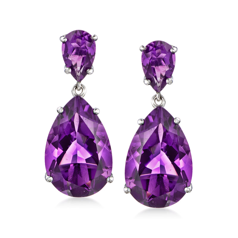 Sterling silver amethyst drop earrings, oval and pear purple stones, faceted dangle