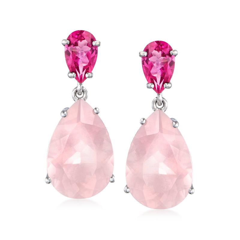 Sterling silver drop earrings with pink oval and teardrop gemstones